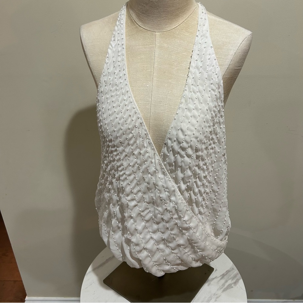 GUESS Cream Beaded Halter Top